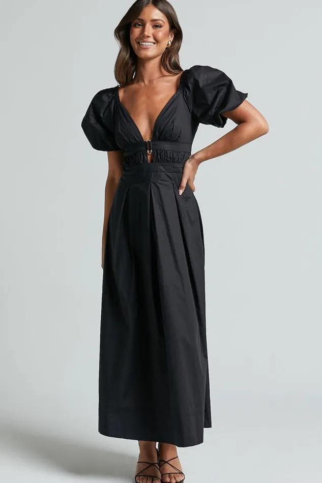 Eva Maxi Dress 8211 Plunge Neck Puff Sleeve Cotton Poplin Dress In Black Women Showpo Dresses
