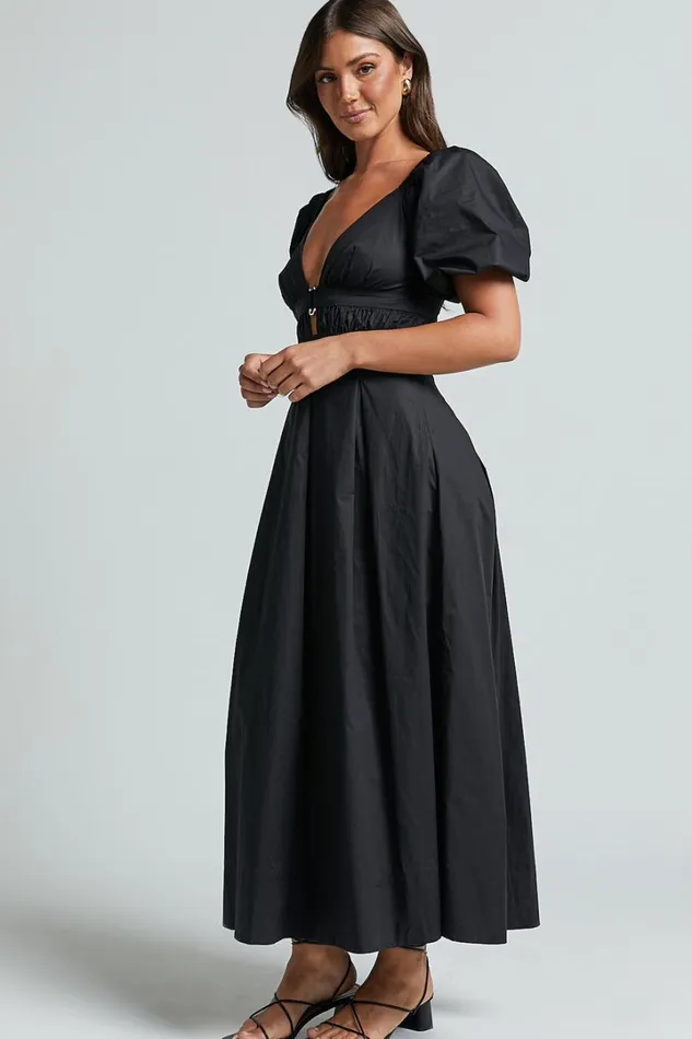 Eva Maxi Dress 8211 Plunge Neck Puff Sleeve Cotton Poplin Dress In Black Women Showpo Dresses