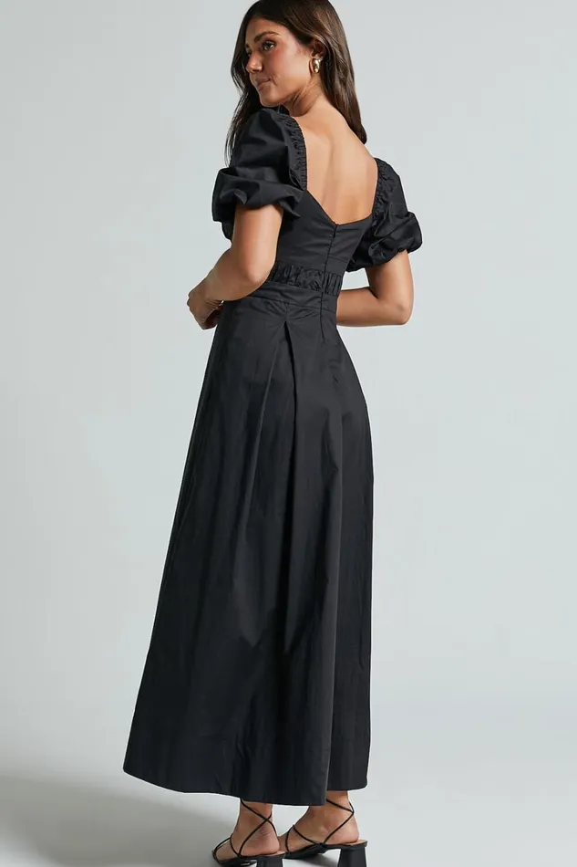 Eva Maxi Dress 8211 Plunge Neck Puff Sleeve Cotton Poplin Dress In Black Women Showpo Dresses