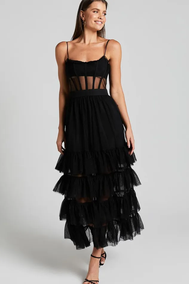 Evelynn Maxi Dress 8211 Sweetheart Corset Bodice Fit and Flare Tiered In Black Women Showpo Dresses