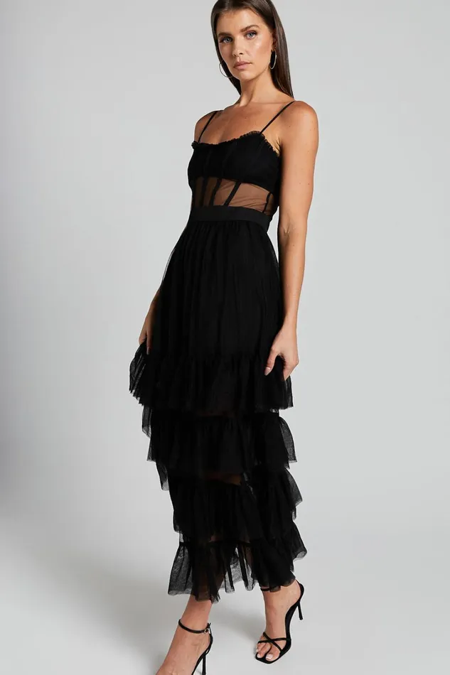Evelynn Maxi Dress 8211 Sweetheart Corset Bodice Fit and Flare Tiered In Black Women Showpo Dresses