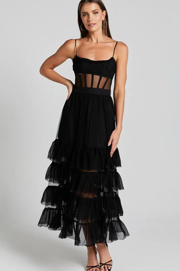 Evelynn Maxi Dress 8211 Sweetheart Corset Bodice Fit and Flare Tiered In Black Women Showpo Dresses