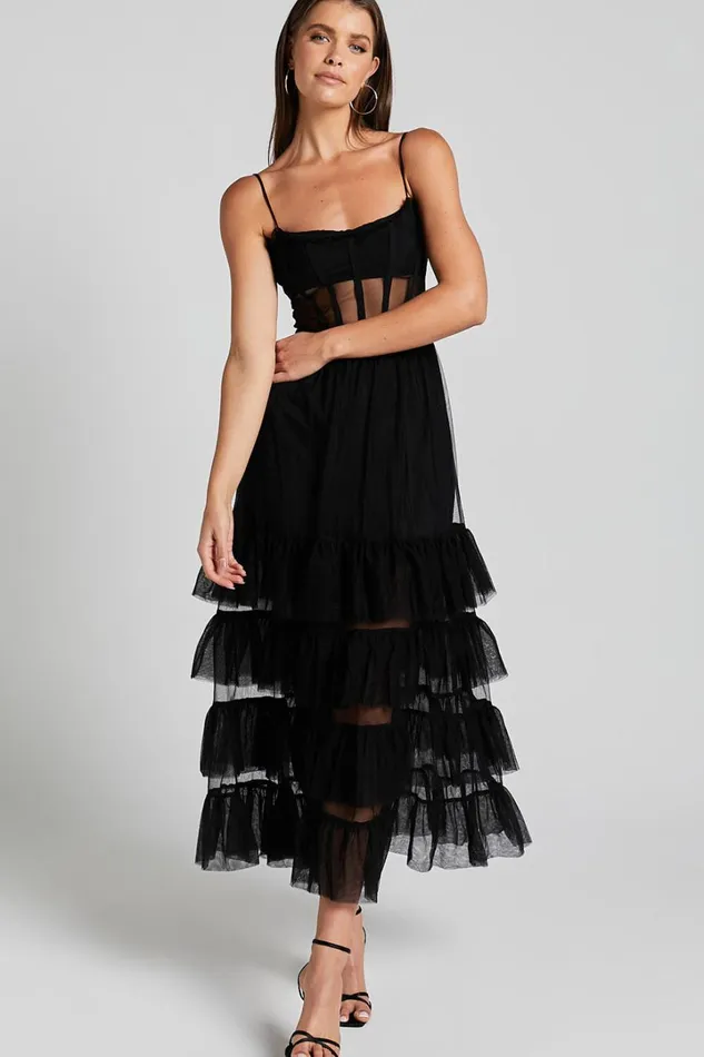 Evelynn Maxi Dress 8211 Sweetheart Corset Bodice Fit and Flare Tiered In Black Women Showpo Dresses