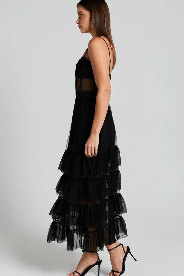Evelynn Maxi Dress 8211 Sweetheart Corset Bodice Fit and Flare Tiered In Black Women Showpo Dresses