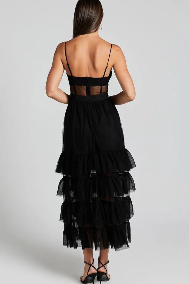 Evelynn Maxi Dress 8211 Sweetheart Corset Bodice Fit and Flare Tiered In Black Women Showpo Dresses