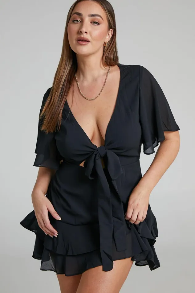 Ezilita Mini Dress 8211 Tie Front Angel Sleeve Tiered Dress In Black Women Showpo Dresses Ezilita Mini Dress 8211 Tie Front Angel Sleeve Tiered Dress In Black Women Showpo Dresses