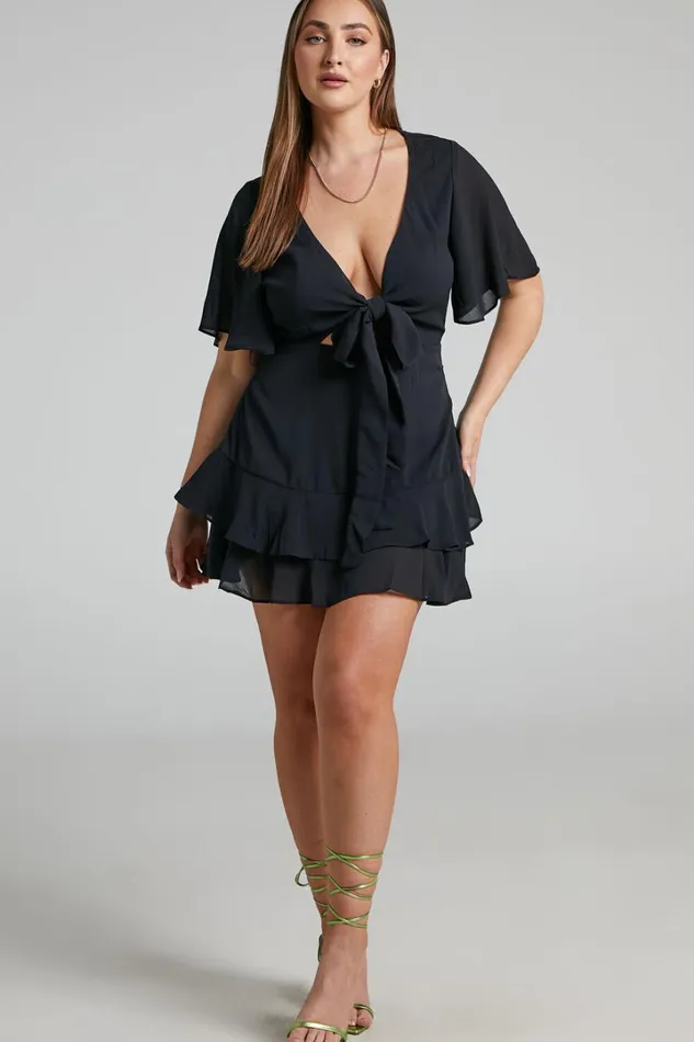Ezilita Mini Dress 8211 Tie Front Angel Sleeve Tiered Dress In Black Women Showpo Dresses