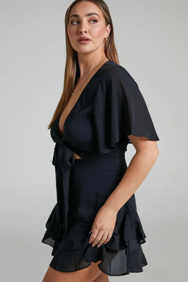 Ezilita Mini Dress 8211 Tie Front Angel Sleeve Tiered Dress In Black Women Showpo Dresses