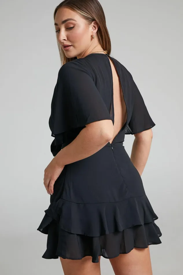 Ezilita Mini Dress 8211 Tie Front Angel Sleeve Tiered Dress In Black Women Showpo Dresses