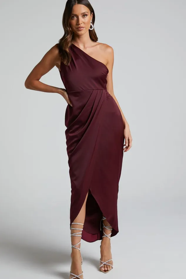 Felt So Happy Midi Dress 8211 One Shoulder Drape Dress In Wine Women Showpo Curve Clothes