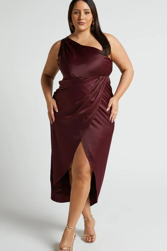Felt So Happy Midi Dress 8211 One Shoulder Drape Dress In Wine Women Showpo Curve Clothes
