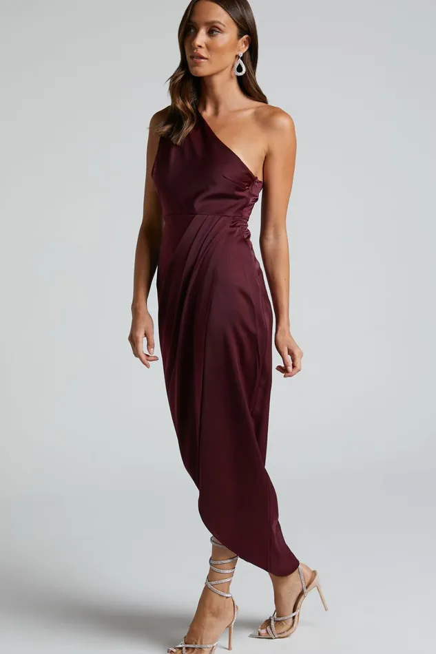 Felt So Happy Midi Dress 8211 One Shoulder Drape Dress In Wine Women Showpo Curve Clothes