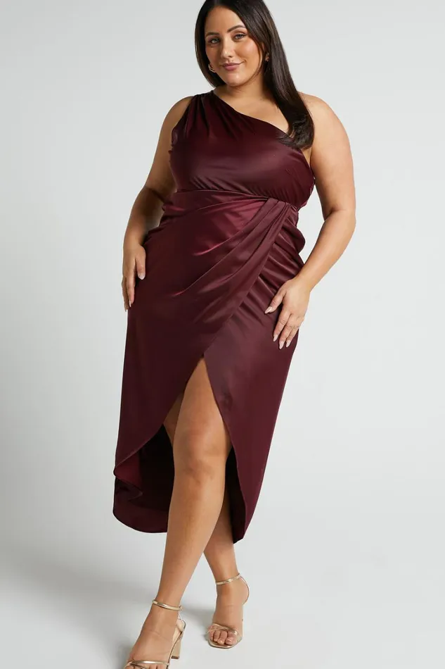 Felt So Happy Midi Dress 8211 One Shoulder Drape Dress In Wine Women Showpo Curve Clothes