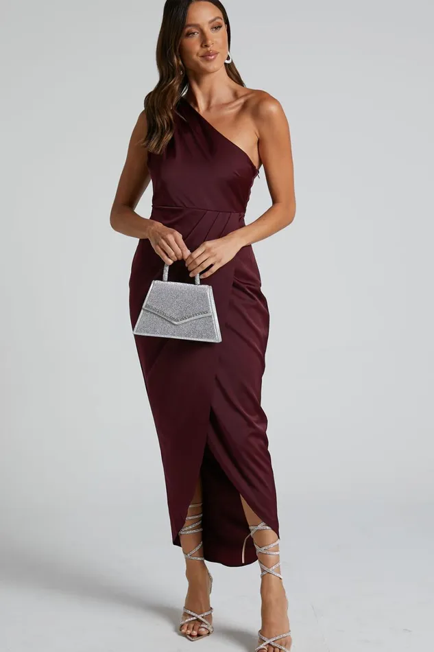Felt So Happy Midi Dress 8211 One Shoulder Drape Dress In Wine Women Showpo Curve Clothes