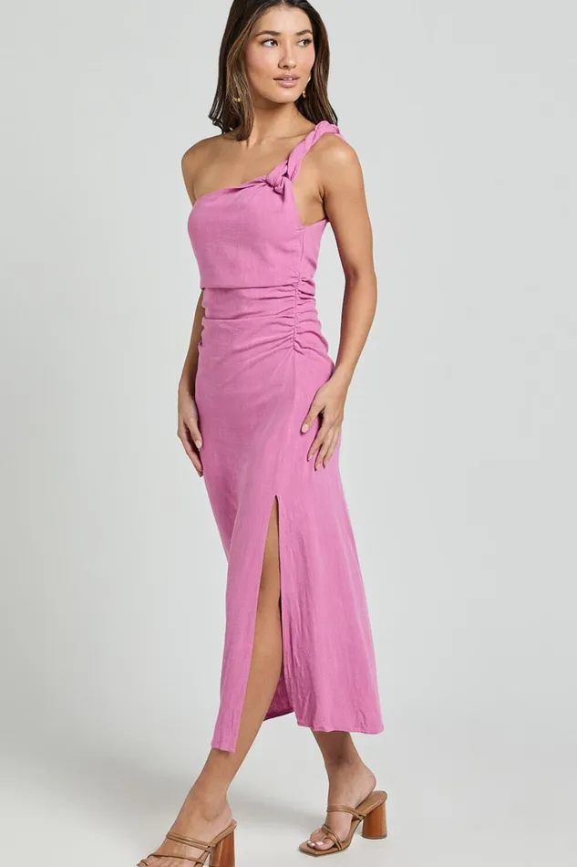 Finley Midi Dress 8211 Linen Feel One Shoulder Ruched Dress In Orchid Women Showpo Dresses