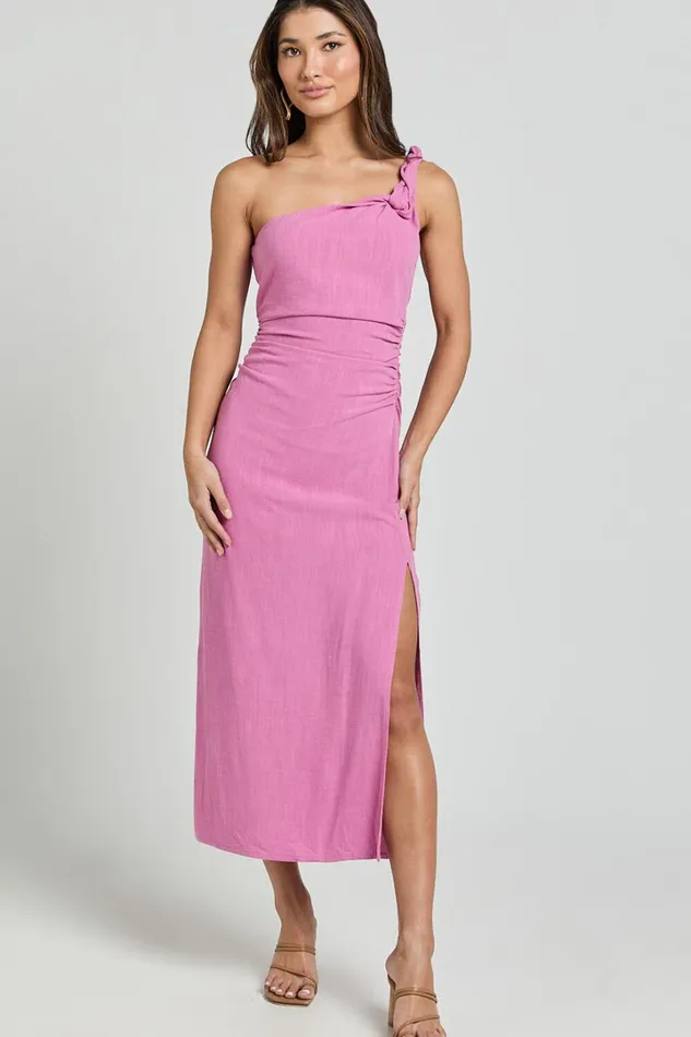 Finley Midi Dress 8211 Linen Feel One Shoulder Ruched Dress In Orchid Women Showpo Dresses