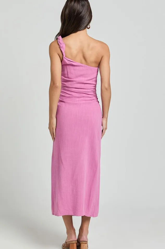 Finley Midi Dress 8211 Linen Feel One Shoulder Ruched Dress In Orchid Women Showpo Dresses