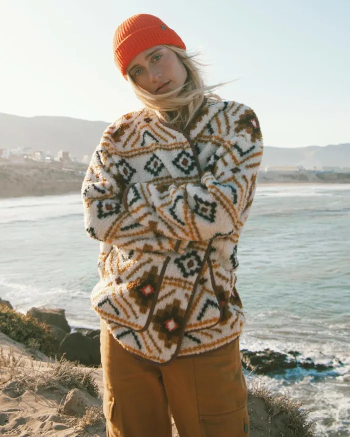 Fireside Cozy Buttoned Fleece Jacket White Multi Women Billabong Sweatshirts and Fleece