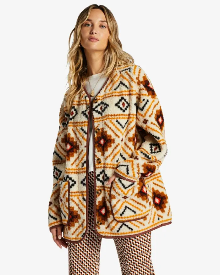 Fireside Cozy Buttoned Fleece Jacket White Multi Women Billabong Sweatshirts and Fleece