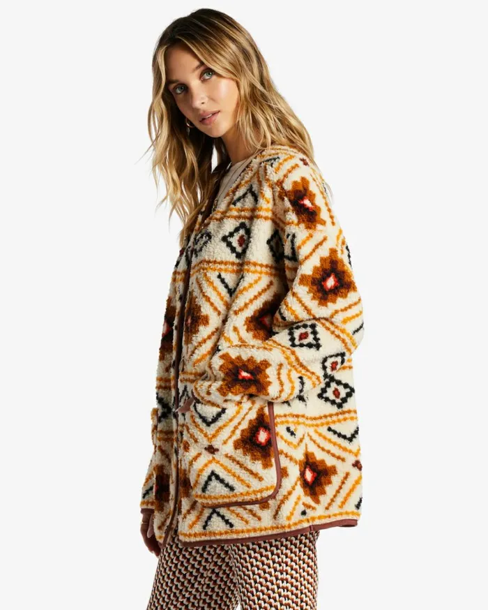 Fireside Cozy Buttoned Fleece Jacket White Multi Women Billabong Sweatshirts and Fleece
