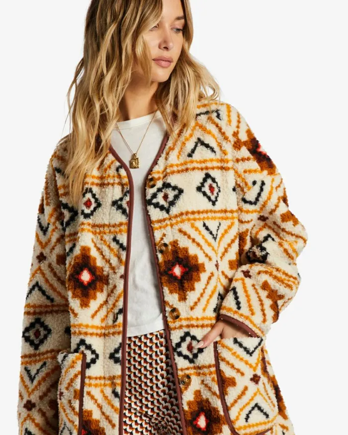 Fireside Cozy Buttoned Fleece Jacket White Multi Women Billabong Sweatshirts and Fleece