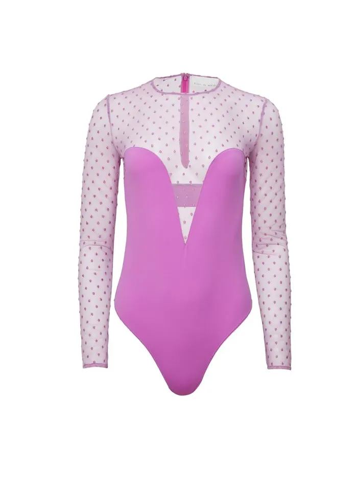 Fleur Du Mal Bodysuits Women Dotty Jersey Plunge Bodysuit Pink Iris Fleur Du Mal Bodysuits Women Dotty Jersey Plunge Bodysuit Pink Iris