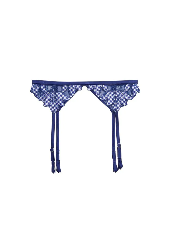 Fleur Du Mal Garters and Belts Women Lily Embroidery Garter Belt Starry Blue Gingham Fleur Du Mal Garters and Belts Women Lily Embroidery Garter Belt Starry Blue Gingham