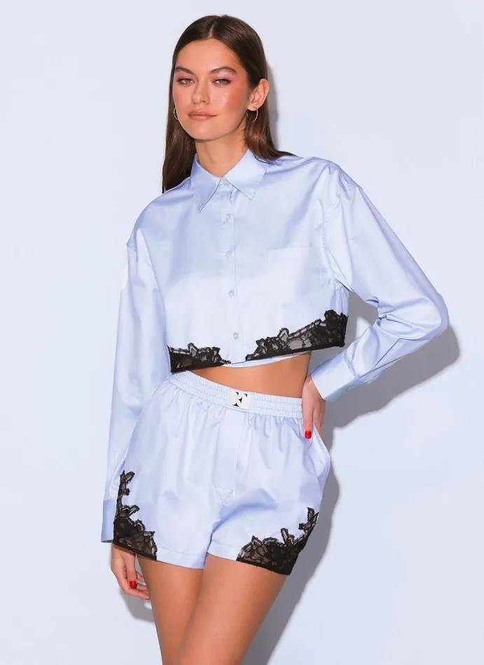 Fleur Du Mal Long Sleeve Women Poplin Cropped Button Down Ice Blue