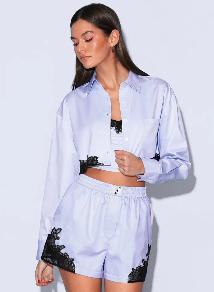 Fleur Du Mal Long Sleeve Women Poplin Cropped Button Down Ice Blue Fleur Du Mal Long Sleeve Women Poplin Cropped Button Down Ice Blue