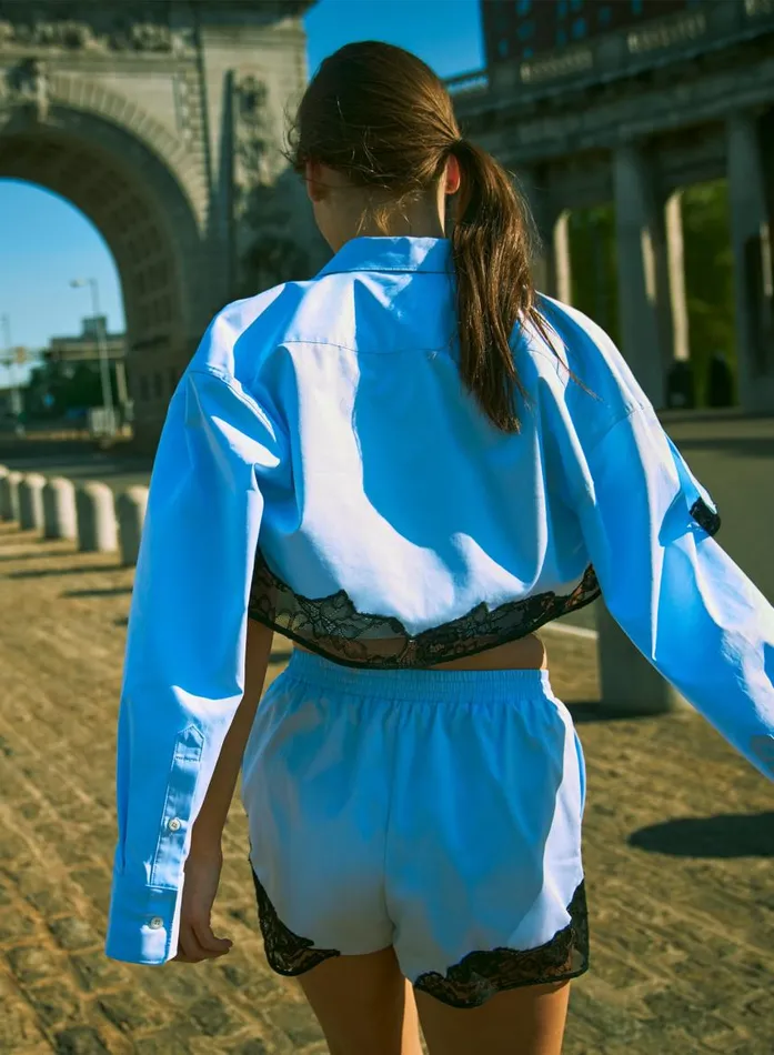 Fleur Du Mal Long Sleeve Women Poplin Cropped Button Down Ice Blue Fleur Du Mal Long Sleeve Women Poplin Cropped Button Down Ice Blue