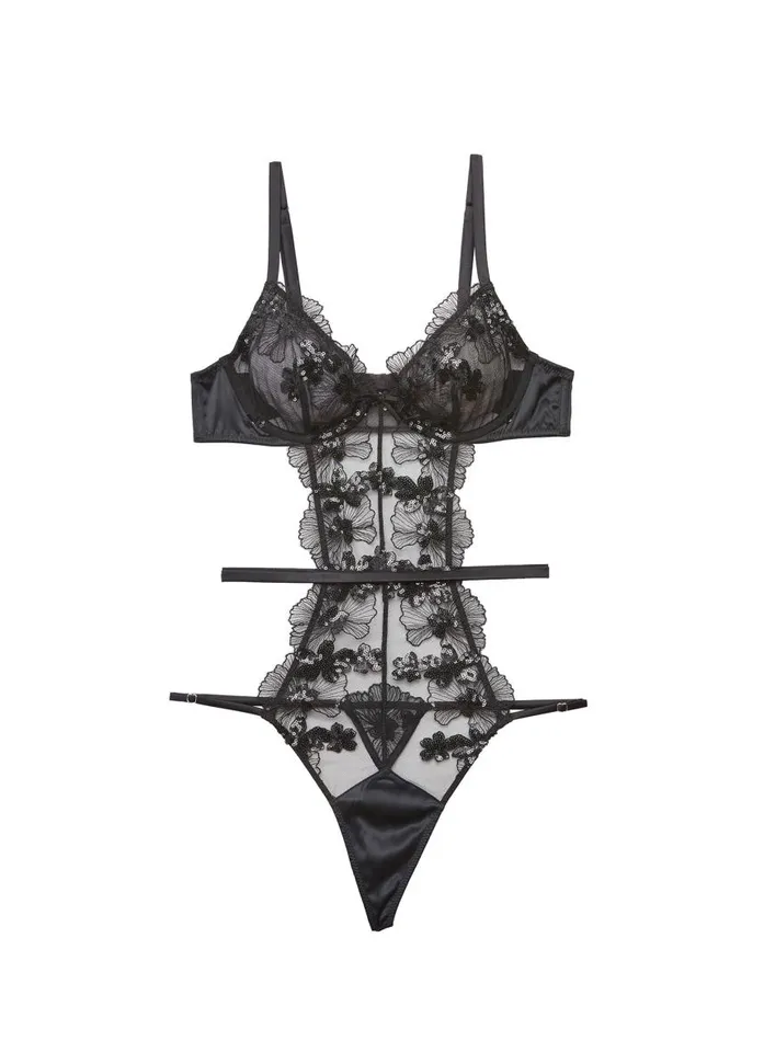 Fleur Du Mal Pleasure Women Sequin Violet Embroidery Bodysuit Black Fleur Du Mal Pleasure Women Sequin Violet Embroidery Bodysuit Black