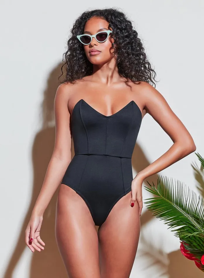 Fleur Du Mal Swim Women Strapless VNeck One Piece Black Fleur Du Mal Swim Women Strapless VNeck One Piece Black