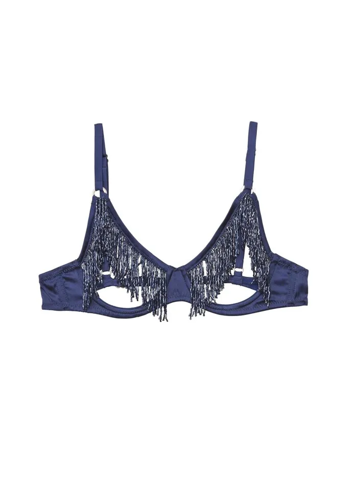 Fleur Du Mal Underwire Bras Women Beaded Fringe Ouvert Bra Nighttime Blue Fleur Du Mal Underwire Bras Women Beaded Fringe Ouvert Bra Nighttime Blue
