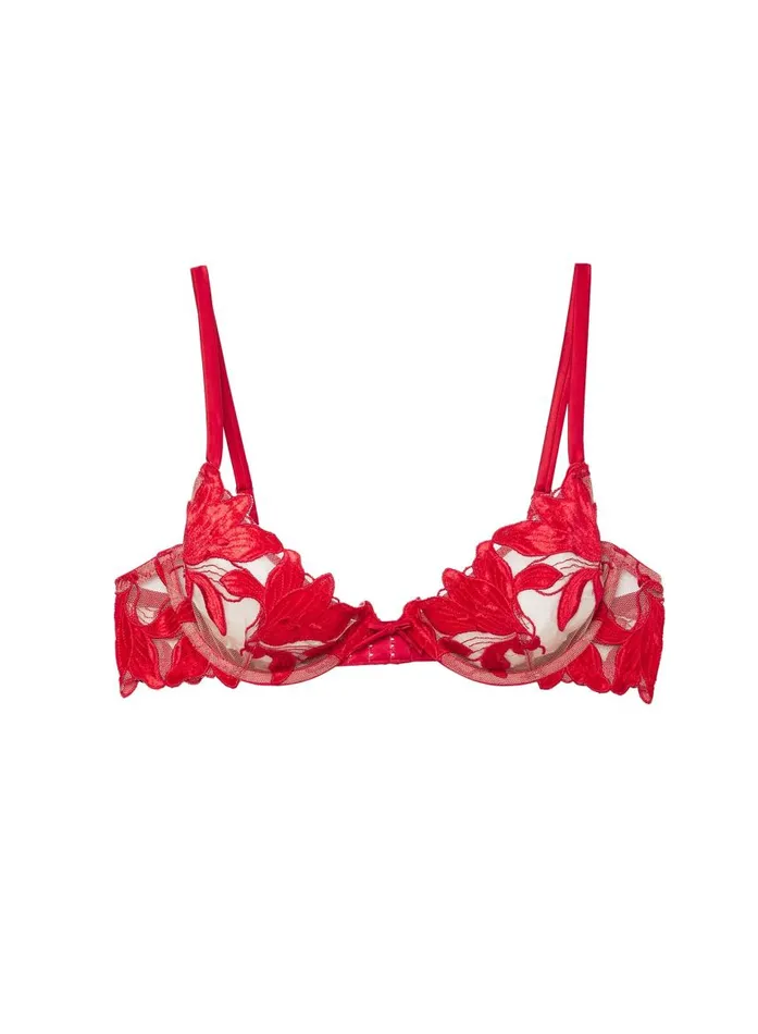 Fleur Du Mal Underwire Bras Women Lily Embroidery Plunge Demi Bra Rouge Velvet Fleur Du Mal Underwire Bras Women Lily Embroidery Plunge Demi Bra Rouge Velvet