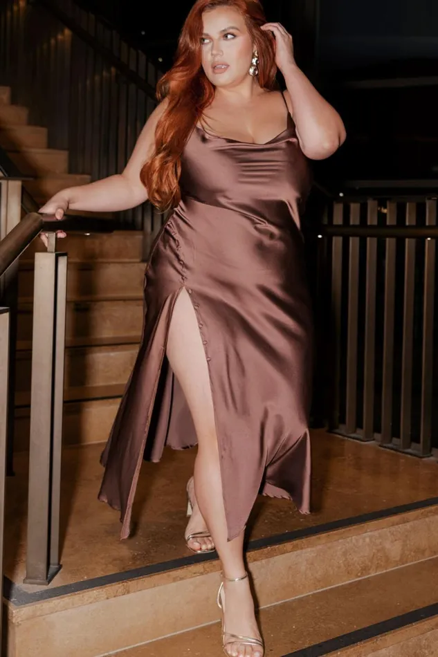 Flordeliza Midi Dress 8211 Cowl Neck Thigh Slit Slip Dress In Chocolate Women Showpo Curve Clothes