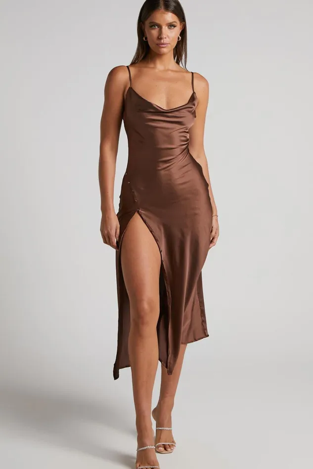 Flordeliza Midi Dress 8211 Cowl Neck Thigh Slit Slip Dress In Chocolate Women Showpo Curve Clothes