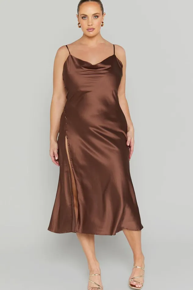 Flordeliza Midi Dress 8211 Cowl Neck Thigh Slit Slip Dress In Chocolate Women Showpo Curve Clothes