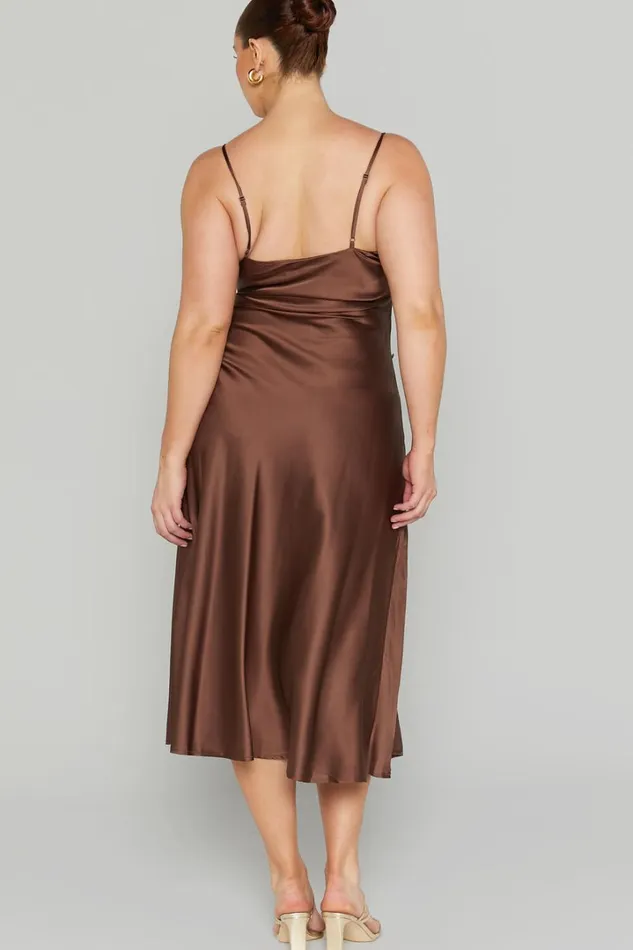 Flordeliza Midi Dress 8211 Cowl Neck Thigh Slit Slip Dress In Chocolate Women Showpo Curve Clothes