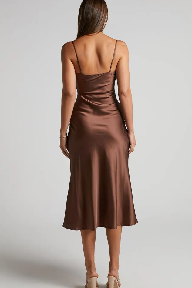 Flordeliza Midi Dress 8211 Cowl Neck Thigh Slit Slip Dress In Chocolate Women Showpo Curve Clothes