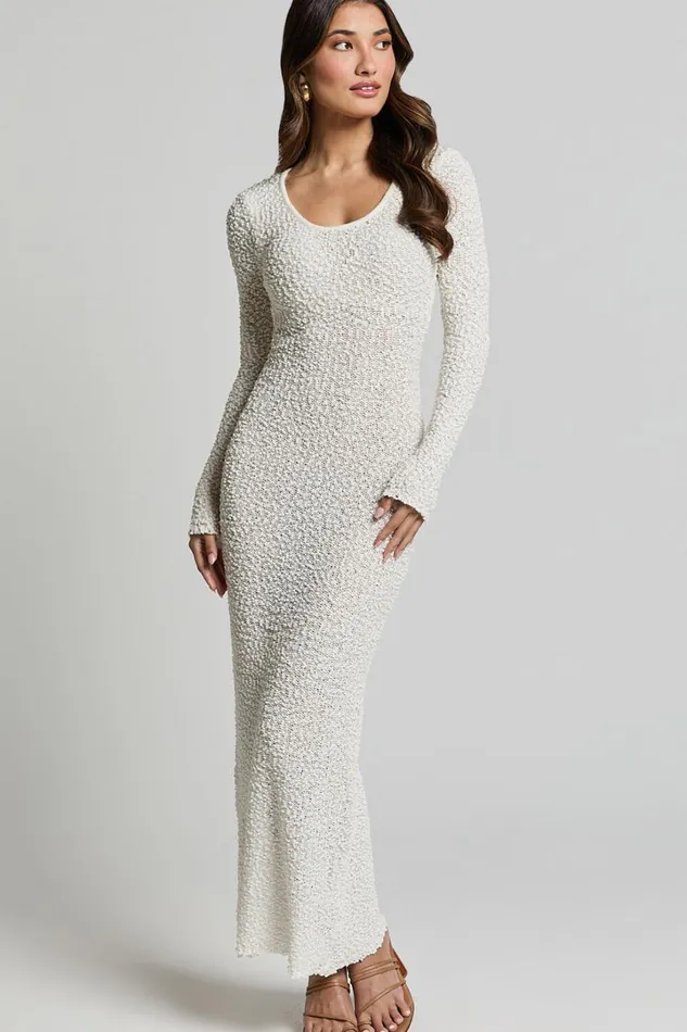 Freya Midi Dress 8211 Scoop Neck Long Sleeve Boucle Knit Dress In Off White Women Showpo Knitwear