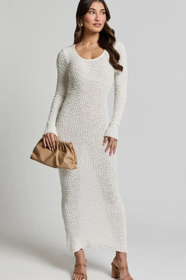 Freya Midi Dress 8211 Scoop Neck Long Sleeve Boucle Knit Dress In Off White Women Showpo Knitwear