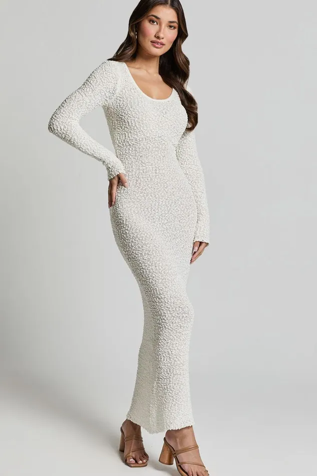 Freya Midi Dress 8211 Scoop Neck Long Sleeve Boucle Knit Dress In Off White Women Showpo Knitwear