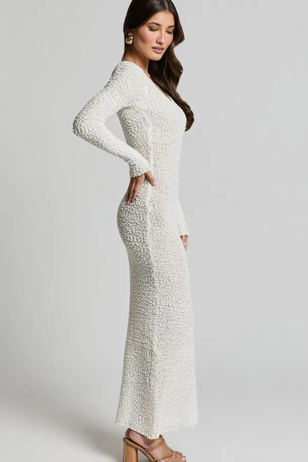 Freya Midi Dress 8211 Scoop Neck Long Sleeve Boucle Knit Dress In Off White Women Showpo Knitwear