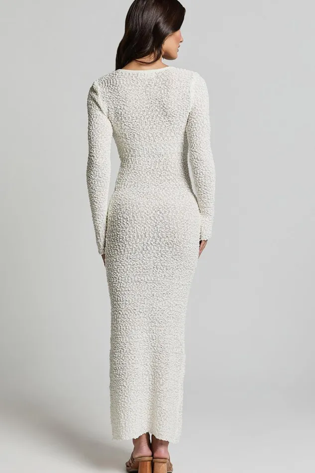 Freya Midi Dress 8211 Scoop Neck Long Sleeve Boucle Knit Dress In Off White Women Showpo Knitwear