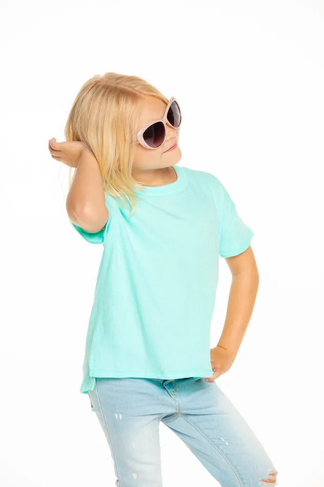 Gauzy Cotton Short Sleeve Boxy Hi Lo Tee in Tiffany Blue Tops Chaser Brand Girls
