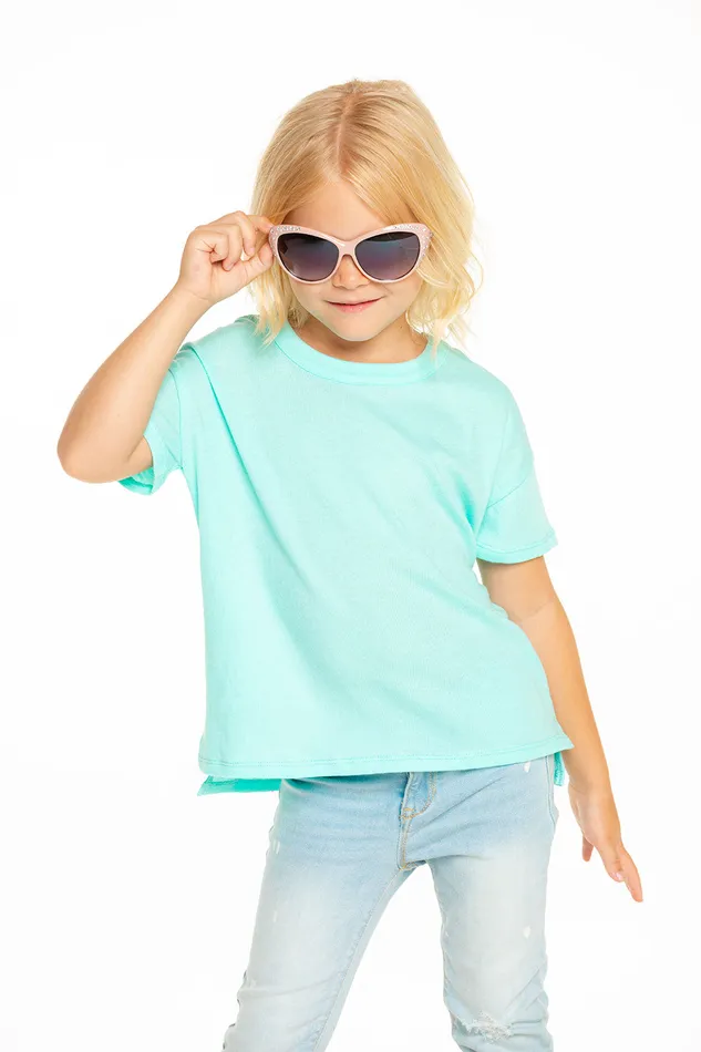 Gauzy Cotton Short Sleeve Boxy Hi Lo Tee in Tiffany Blue Tops Chaser Brand Girls