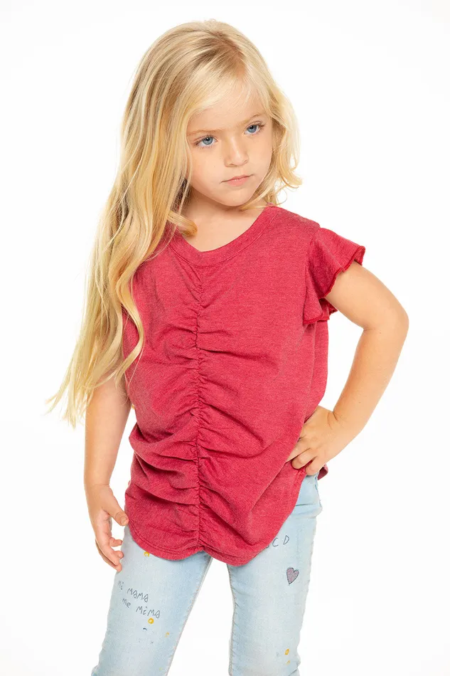Girls Chaser Brand Recycled Vintage Jersey Shirred Flutter Sleeve Tee in Cardinal Red Tops