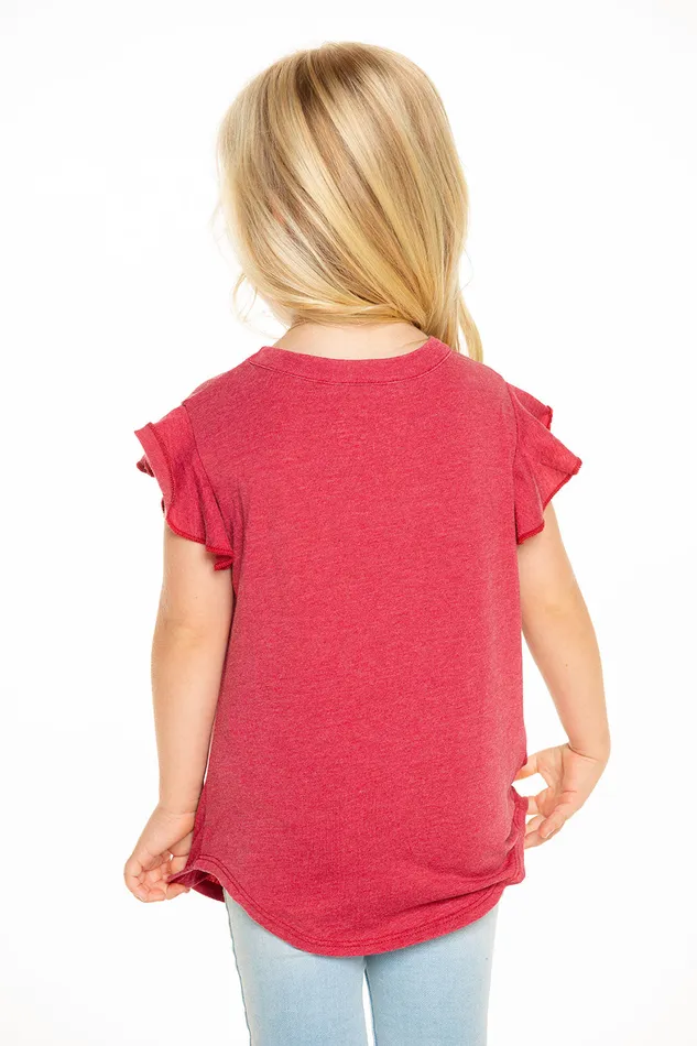 Girls Chaser Brand Recycled Vintage Jersey Shirred Flutter Sleeve Tee in Cardinal Red Tops