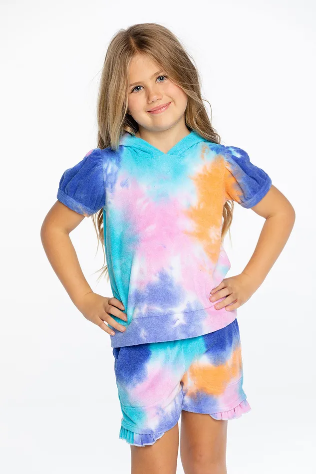 Girls Chaser Brand Terry Cloth Hooded Puff Sleeve Pullover Tops