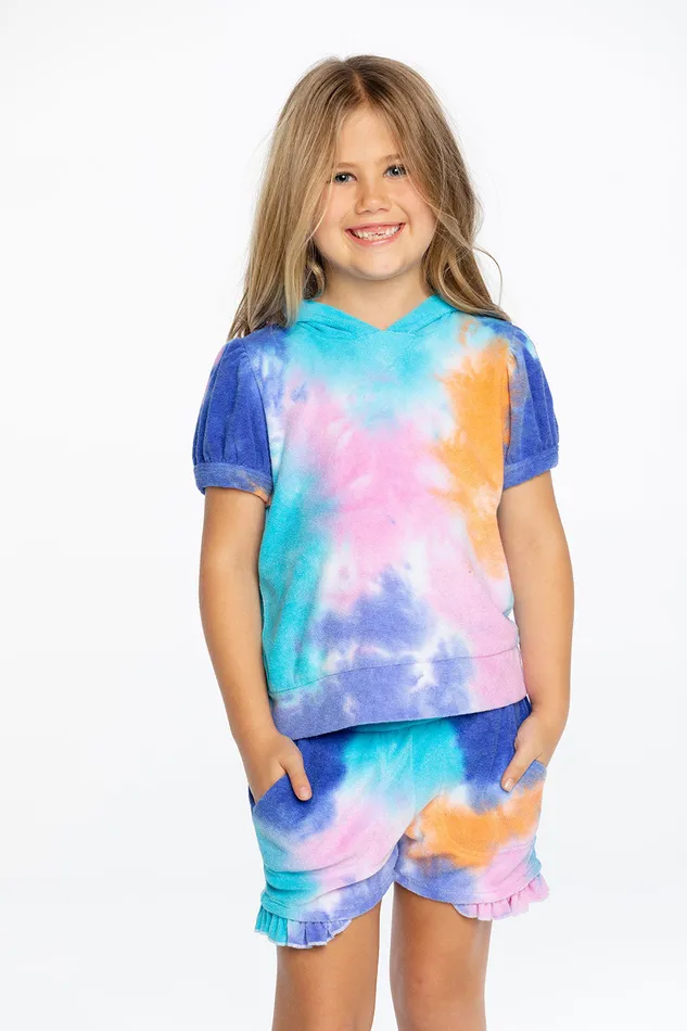 Girls Chaser Brand Terry Cloth Hooded Puff Sleeve Pullover Tops